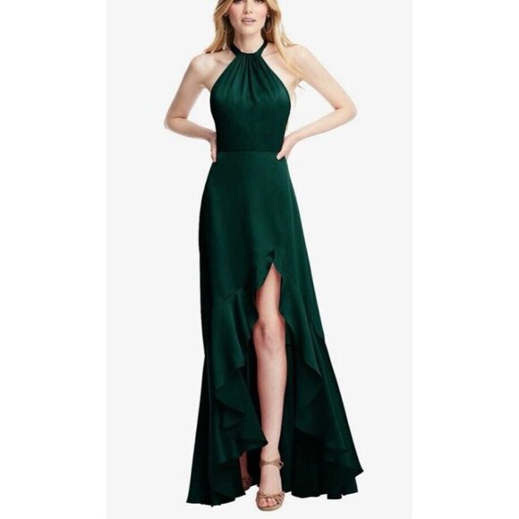 Social Bridesmaids Green Satin Slit Ruffled Halter Dress Gown XS NWT - Picture 1 of 8